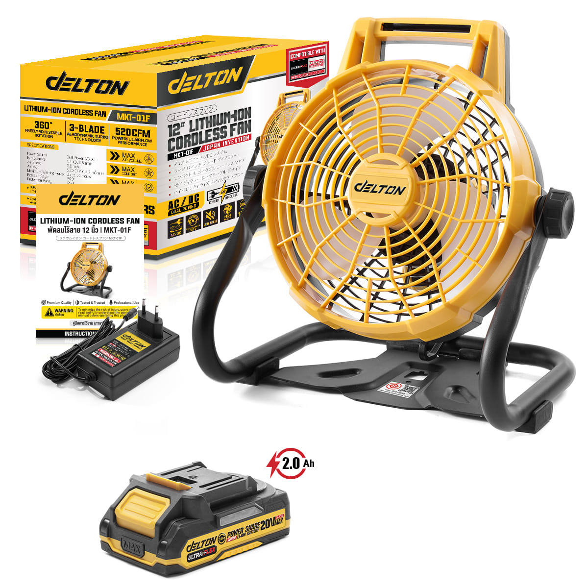 พัดลมไร้สาย 12 นิ้ว (พร้อมแบตเตอรี่) DELTON รุ่น MKT-01F ULTRAFLEX 20V 2AH_1